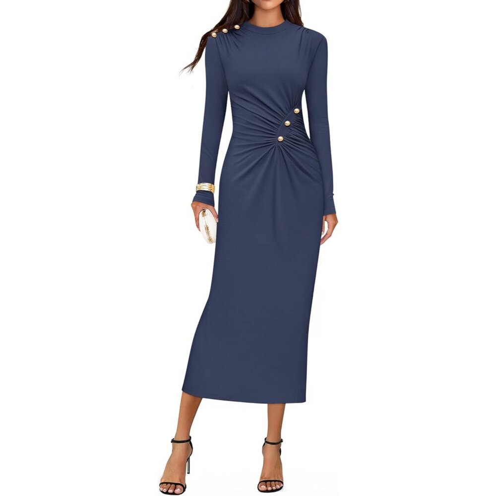 Women’s Knit Long Sleeve Mock Neck Bodycon Midi Dress For Formal Events